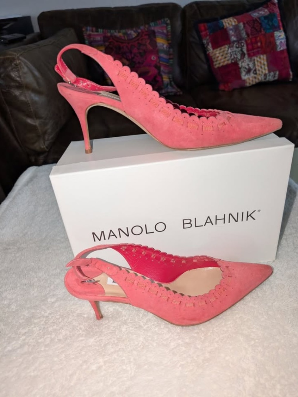 Manolo Blahnik Scalloped Pink Suede Slingback Pumps